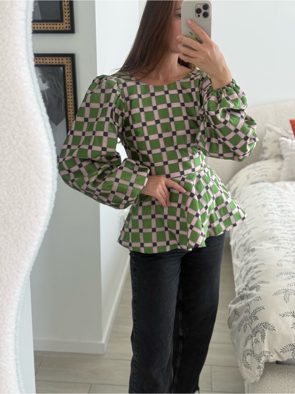 STINE GOYA Green and Pink Check Peplum Blouse
